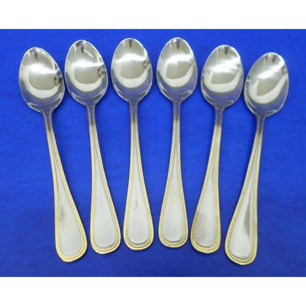 6 - International PEARL GOLD Bead Accent Glossy Stainless Flatware SOUP SPOONS